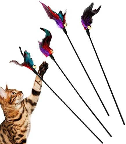 שרביט נוצה של חתול יואב, צעצועי חתול חתולים צבעוניים צעצועים עם מילוי פעמון - צעצועי שרביט חתולים טיזר לוכד אינטראקטיבי