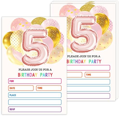 GGJGRPX כרטיס הזמנה למסיבת יום הולדת 5, כרטיסי הזמנה למסיבה לבלון לילדים, בנות בנות, חגיגת מסיבות לבני