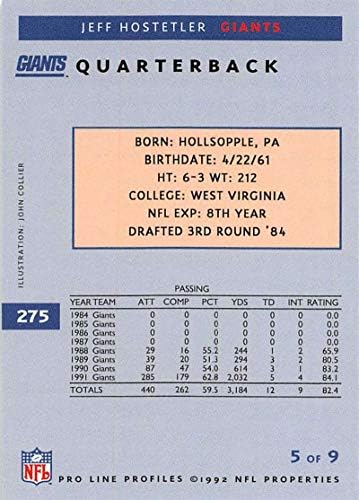 1992 פרופילי קו פרופיל כדורגל 275 ג'ף הוסטטלר ניו יורק ענקי כרטיס מסחר רשמי ב- NFL