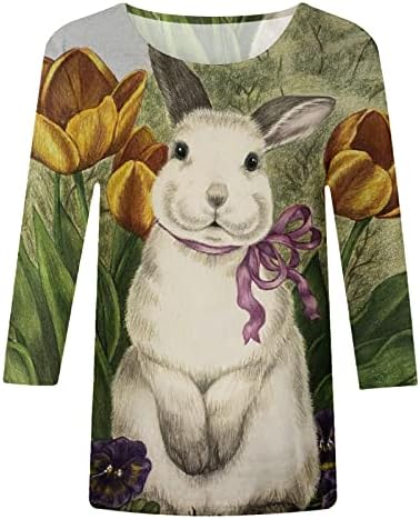 חולצת ארנב פסחא לנשים 3/4 צמרות שרוול חולצות הדפס חמוד חולצות טריקו מזדמן חולצות חולצות קלות רופפות