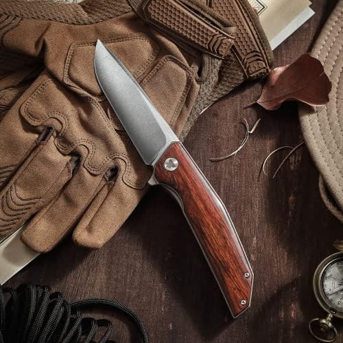 סכין קיפול כיס לגברים, סכיני פתיחת סנפיר שירות, 3.74 ד2 פלדה יפנית מסורתית קמור לטחון להב מוגמר וידית עץ ברזל,
