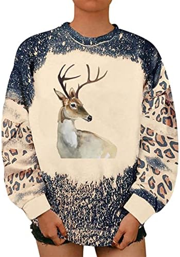 חולצת טי נמר שרוול ארוך לנשים עצי חג מולד סוודר צמרות פתית שלג מודפסת סוודר קפוצ'ונים מוגזמים