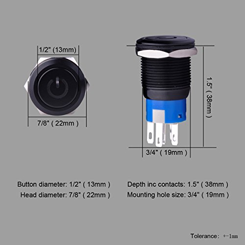 Ulincos U19C1D 19 ממ מתג כפתור כפתור 2NO2NC DPDT שחור עם סמל כוח כחול 12V LED
