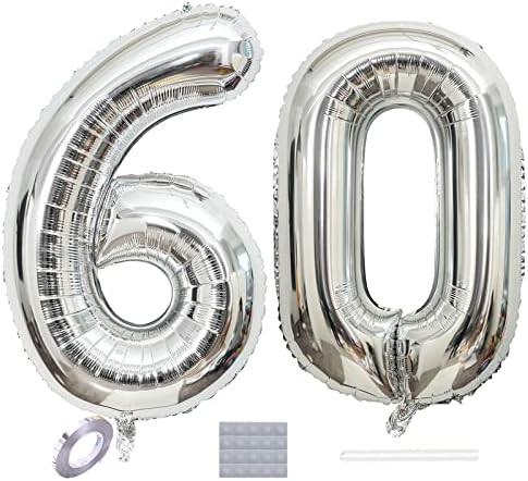 מספר כסף 60 בלונים בגודל 40 אינץ 'ג'מבו בלוני בלון נשף לאישה גבר קישוט מסיבת יום הולדת 60 קישוט 60