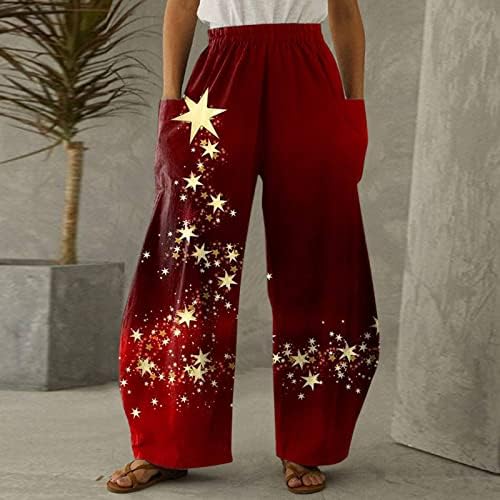 רונגקסי נשים מכנסי אופנה רופף הדפס חג המולד כיסים גדולים תחתונים מזדמנים מכנסיים רחבים ברגל ישר תחתונים חורפיים