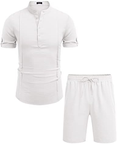 קופנדי גברים של 2 חתיכות פשתן סט הנלי חולצה קצר שרוול ומכנסיים קצרים קיץ חוף יוגה התאמת תלבושות