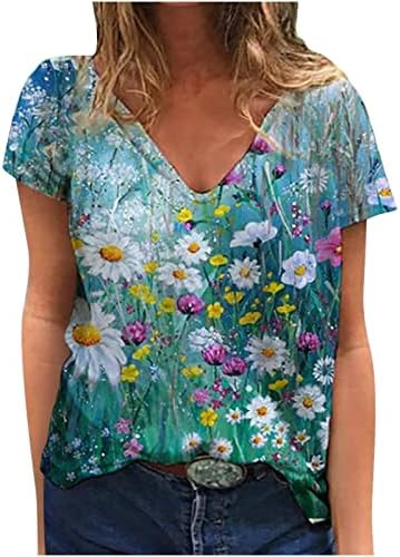חולצת חולצה עם שרוול קצר לבנות סתיו קיץ סתיו 2023 בגדים אופנה V צוואר כותנה פרחונית גרפית רופפת