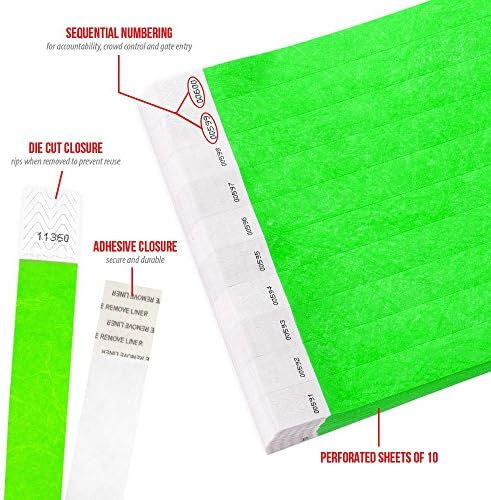 פרק כף היד ניאון ירוק טייבק צמידי יד לאירועים-10,000 ספירה איקס 10 - עמיד למים למחזור נוח דמעה עמיד נייר צמידי