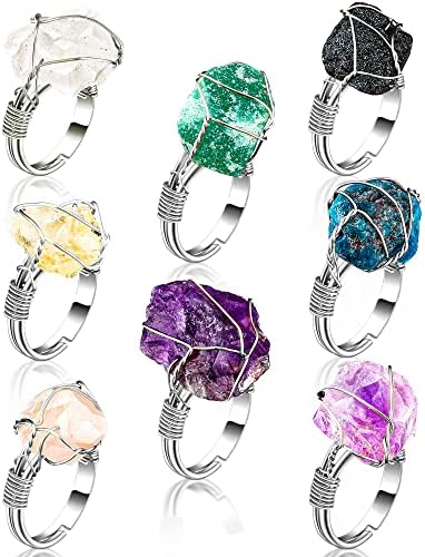 8 חתיכות צ ' אקרה קריסטל טבעת ריפוי קריסטל טבעת מתכוונן חן טבעות נחושת חוט עטוף טבעת סדיר צבעוני