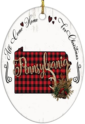 חג מולד קישוטי ארהב פנסילבניה מדינת מפת קרמיקה קישוט 3 אינץ אדום שחור באפלו משובץ סגלגל קישוטי עץ חג