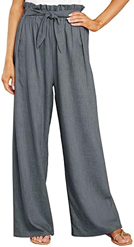 מכנסי זמוב לנשים בצבע מוצק מזדמן כותנה פשתן שרוך מותניים אלסטיים מכנסי רגל רחבים ארוכים מזדמנים חיצוניים