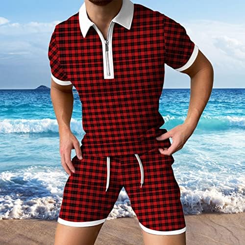 XXBR Mens קיץ 2 ערכות חתיכות משובצות הדפסה משובצת משובצת שרוול קצר רוכסן פולו חולצות גולף מכנסיים קצרים