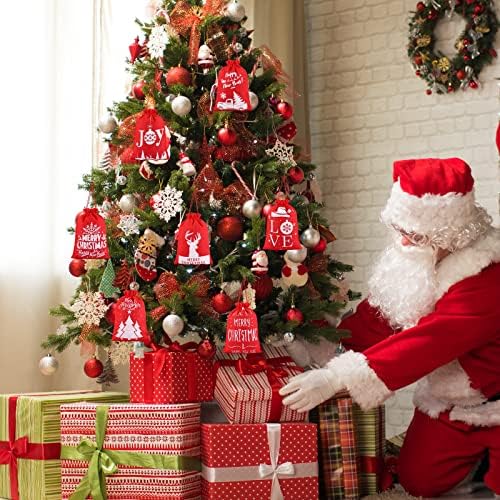 מימינד 24 מארז שקיות פשתן לחג המולד עם שרוכים 7 על 5 אינץ ' שקיות מתנת יוטה חג המולד שקיות מתנה טובות עם כרטיסים