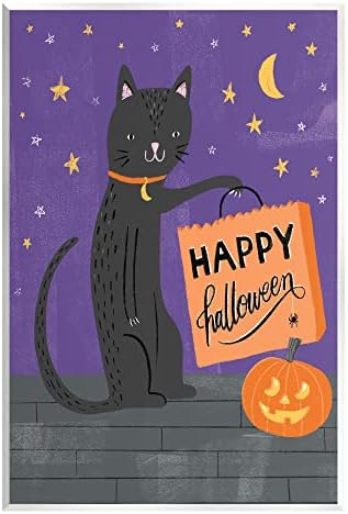 תעשיות סטופל מאושרות ליל כל הקדושים שחור חתול שחור אמנות קיר עץ, עיצוב מאת אמנדה מקגי