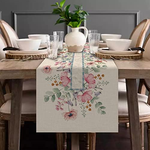 סליאם אביב כלנית פרח אקליפטוס שולחן רץ, צבעי מים צמח עלים ורוד פרח בר פרחוני בית מטבח דקור, קיץ