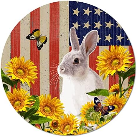 שלט מתכת עגול לוחית כוכבים אמריקאים פטריוטיים פטריוטיים ופסים דגל ארנב וחמניות חמניות דקורטיביות