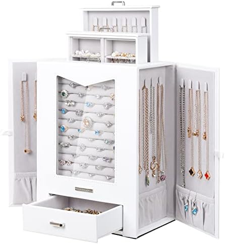מארגן תכשיטים HOMDE עם שרשרת חלונות זכוכית אמיתית מתנה לנשים תכשיטים תיבת תכשיטים מארז לשרשראות טבעות