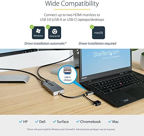 Startech.com USB 3.0 או USB-C עד מתאם HDMI כפול עבור Windows & MacOS, 2x תצוגות HDMI, USB-A משולב