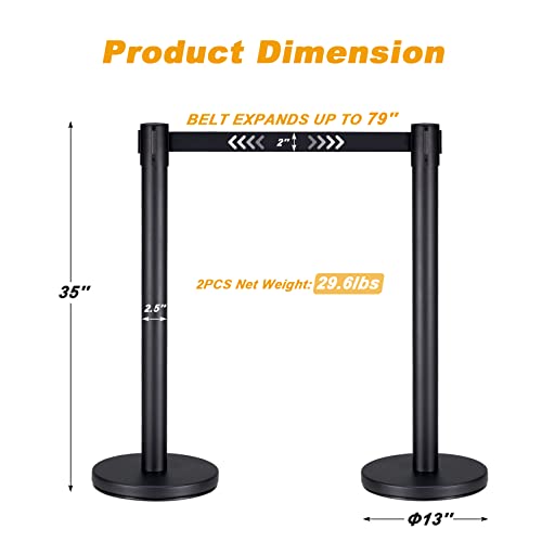 Stanchions בקרת קהל של Avocahom, 2 יח 'מחסומי בקרת קהל עם חגורות נשלפות שחורות, עמדות סטנדיון נירוסטה עם בטון