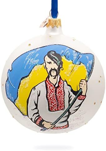 קוזאק הנושא קישוט חג המולד של כדור הזכוכית של דגל אוקראיני 4 אינץ '