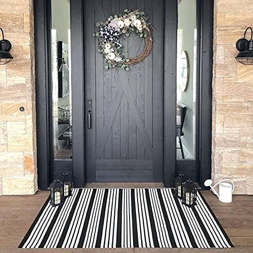 שטיח פסים שחור-לבן שטיח חיצוני שטיח מרפסת קדמית 27.5 x43 מחצלת כותנה כותנה ארוג יד מחצלות הפיכות