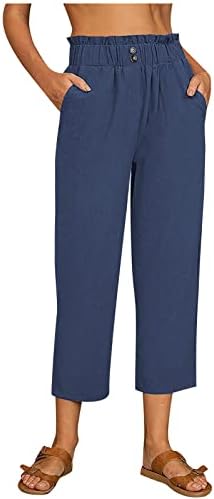 מכנסי Lcziwo לנשים פשתן כותנה אלסטית מכנסיים מותניים גבוהים כפתור במורד רגל רחבה מכנסיים מחודדים ארוכים עם כיסים