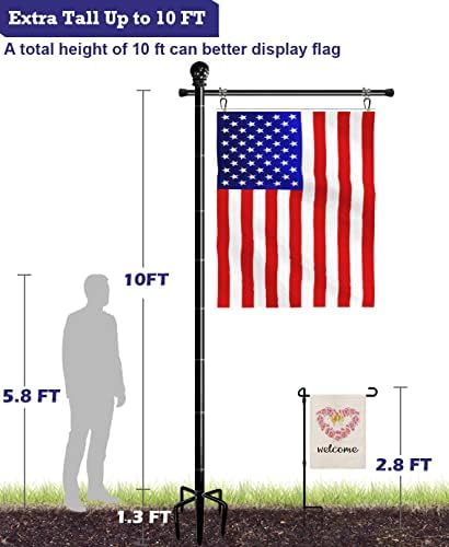 חלל באלי 10ft גבוה דגל בודד עמוד דגל 3x5 רגל דגל אמריקאי, עמדת דגל גינה מתכווננת עם 5 דוקרנים