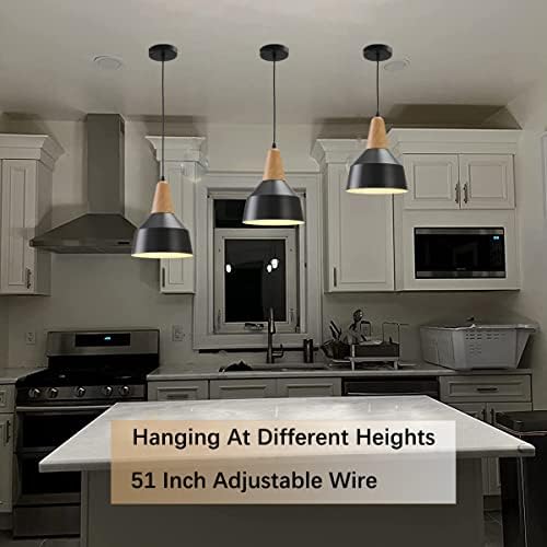 אור תליון מודרני, עץ מלא וגוון מתכת שחור מט 9.05 , מנורת תליית תקרה מינימליסטית, תאורת תליון למטבח אי אוכל