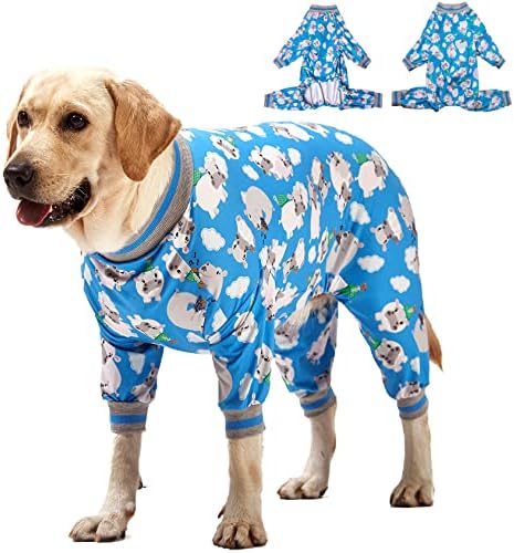 Lovinpet בגדי כלבים גדולים/פיג'מה כלבים נעימה, התאמה דקה, סוודר קל משקל/כיסוי מלא כלב PJS/הדפס כחול היפו שמח/כלב