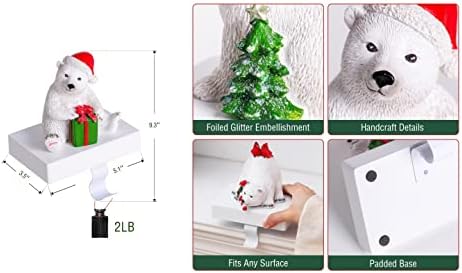 Uniqooo בעבודת יד דוב קוטב לבן מחזיקי גרב חג המולד, ערכת וו מנטל גדולה של 3 יחידות עם רפידות בסיס, מחזיקה 2 קילוגרמים,