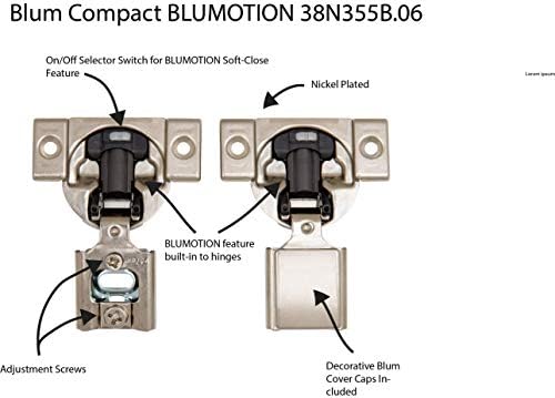 Blum 3/8 שכבת -על ציר קרוב רך 38N355B.06 105 ° Blumotion עם ברגים, כובעי כיסוי, פגושים של Procabinetbumpers