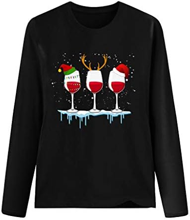 צמרות חג המולד נשים סוודר הדפסת כובע חג המולד עם דפוס זכוכית יין שרוול ארוך חולצות גרפיות סווטשירט