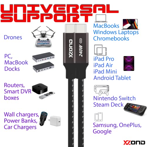 XZOND 240W USB-C PD 3.1 כבל טעינה קלוע 3ft, סוג C PD, עבור MacBooks, מחשבים ניידים, אייפדים, מחשב, Chromebook,