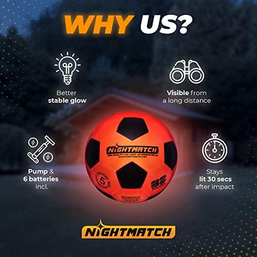 כדור כדורגל LED LED - גודל רשמי 5 - משאבה וסוללות נוספות - זוהר מושלם בכדור הכדורגל הכהה עם סוללות