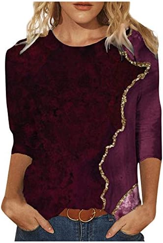נשים מוקדמות בסתיו 3/4 צמרות שרוול - כושר רגוע צוואר עגול טשירטים עניבה צבע הדפסת אופנה משרד טייז