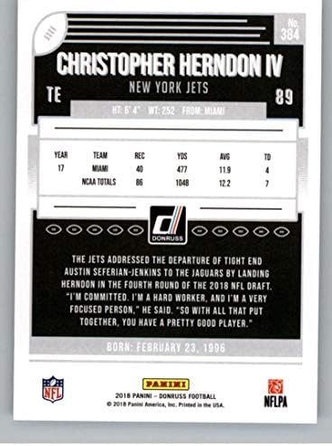 2018 דונרוס כדורגל 384 כריסטופר הרנדון IV RC כרטיס טירון ניו יורק ג'טס טירון רשמי NFL מסחר