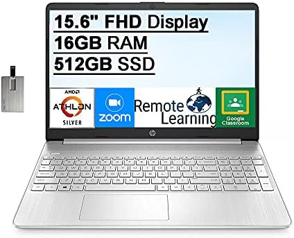 מחשב נייד FHD של HP 15.6 אינץ ', מעבד AMD Athlon Silver 3050U, 16 ג'יגה-בייט DDR4 RAM, 512GB SSD, גרפיקה