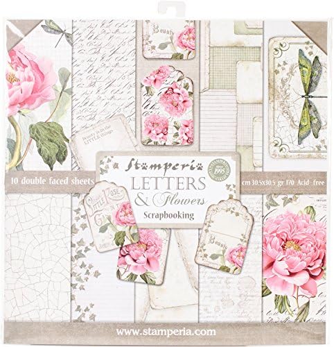 Stamperia intl אותיות ופרחים כרית נייר דו צדדית, 12 x 12