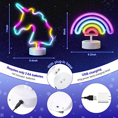 Honoson 2 Pieces שלט ניאון קשת קשת, UNICORN NEON Light Sign Strate Sutlation או USB מופעל עם מחזיק בסיס ניאון