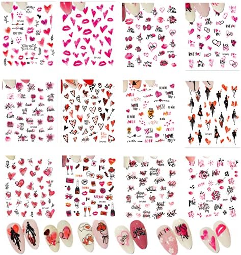 12 גיליונות האהבה נייל מדבקות דביק ולנטיין נייל אמנות מדבקות אדום ורוד שפות עלה אהבת לב עבור בנות נשים נייל