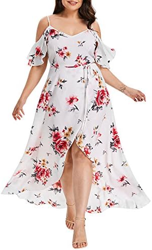 ורמרים פלוס בגודל שמלת הכתפיים נשים רצועת שרוול קצר מזדמן שמלות בוהו שמלות דפסת פרחים שמלה א -סימטרית