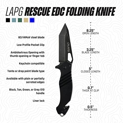 סכין מתקפלת של משטרת לוס אנג ' לס, סכין כיס טקטי, סכין הישרדות עם חותך חגורת בטיחות ומפסק זכוכית - אקדח מתכת