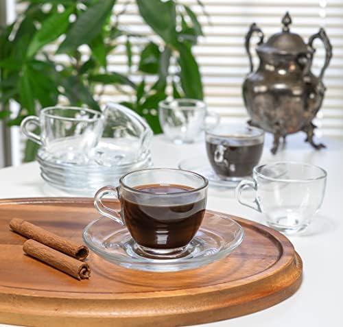 חברת רד. סט של 6 זכוכית שקופה 3 כוסות קפה אספרסו שוט עם צלחות תואמות