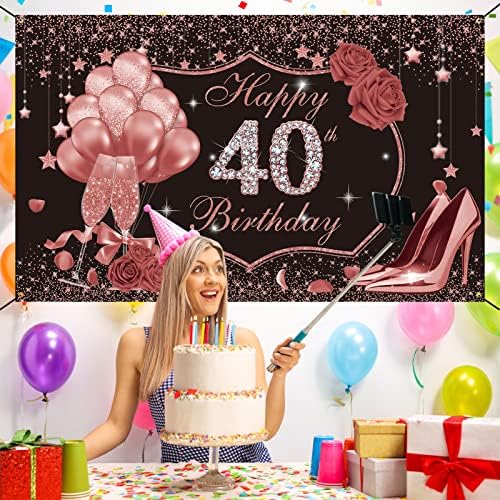 קישוטי יום הולדת 40 לנשים, זהב ורוד באנר רקע יום הולדת 40 שמח, לחיים ל-40 שנה ציוד למסיבות,