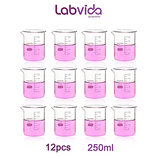 Labvida 12 יחידות של גריפין צורה נמוכה כוסות זכוכית, כרך 25 מל, 3.3 בורוסיליקט עם סיום סיום מודפס, LVA023