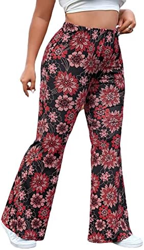 Oyoangle לנשים פלוס גודל מזדמן מותניים מזדמנים מכנסיים פרחים חמניות הדפס מכנסי רגל רחבים