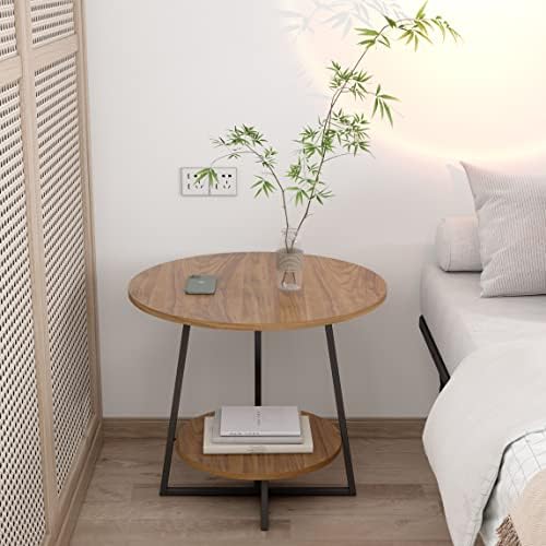 למהורם 2 קומות קטן עגול צד שולחן, עץ סוף שולחן עם אחסון מדף, מודרני קפה שולחן עם מתכת מסגרות לסלון,