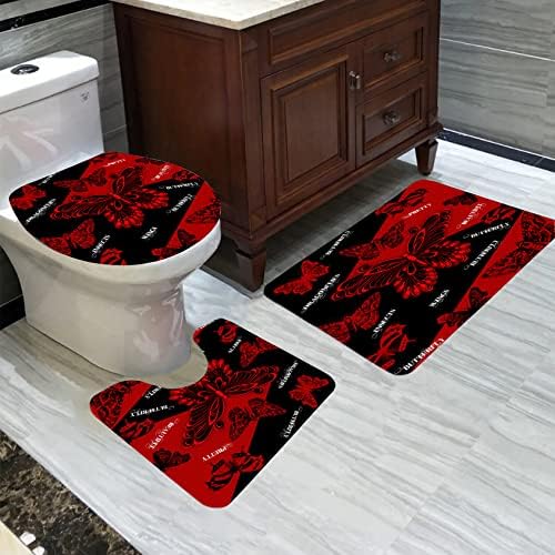 QISNFEIJ וילון מקלחת פרפר 4 יחידות וילונות לקיסר וינטג 'אמבטיה מערכי הדפסת אמנות עם שטיחים, אדום שחור,