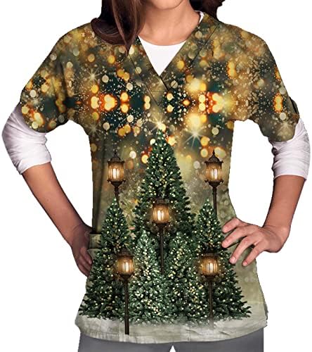 צמרות קרצוף חג המולד נשים חולצת קרצוף לעטוף מדומה מככבים עץ עץ עץ עץ עץ צמרות שרוול קצר V לבגדי