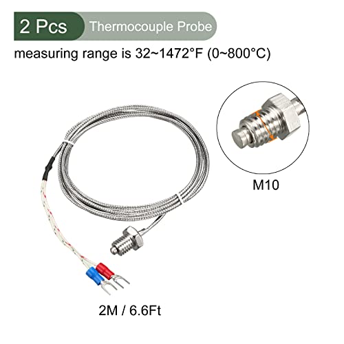 יוקי 2 מחשבים מחשבים K-Type חיישני טמפרטורה של צמד תרמי, חוט M10 0-800C בדיקה עם חוט, נהדר למפעל, תעשייה